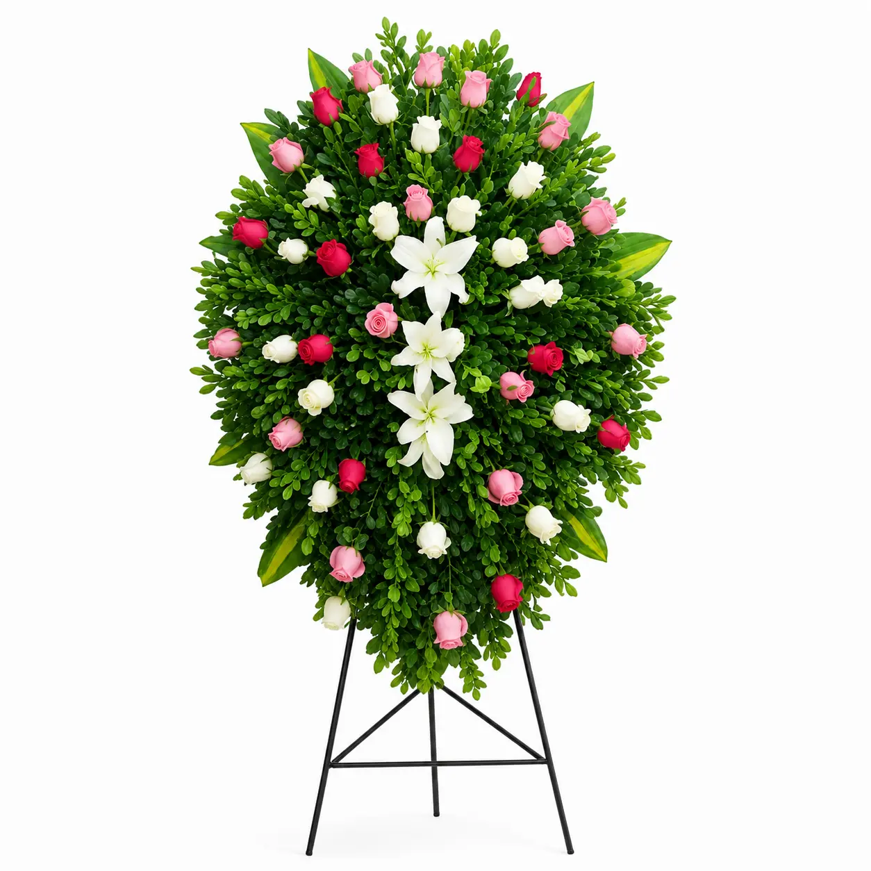 elegante arreglo floral con rosas rojas rosadas y blancas para eventos delivery de flores en Lima